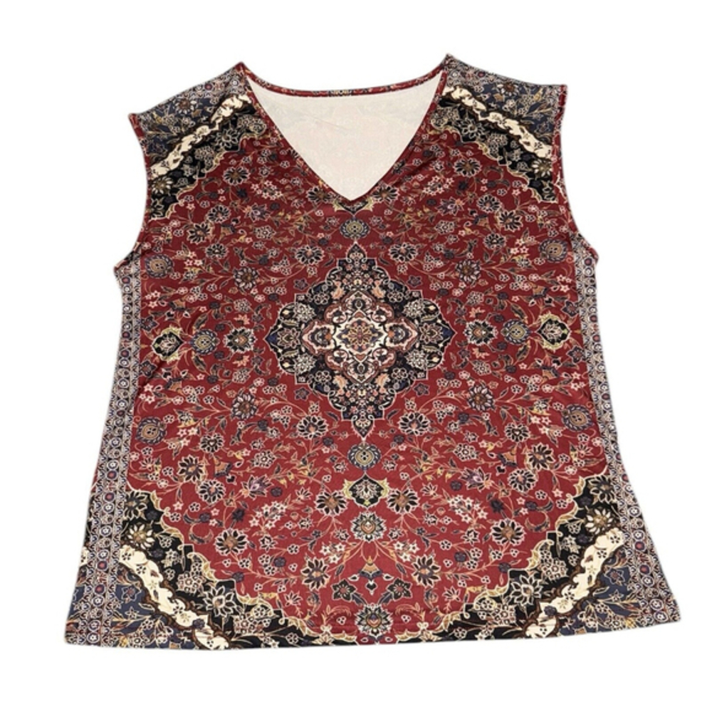 Boho Print Sleeveless Top with V-Neck Red and Multi-Color Pattern Size Small